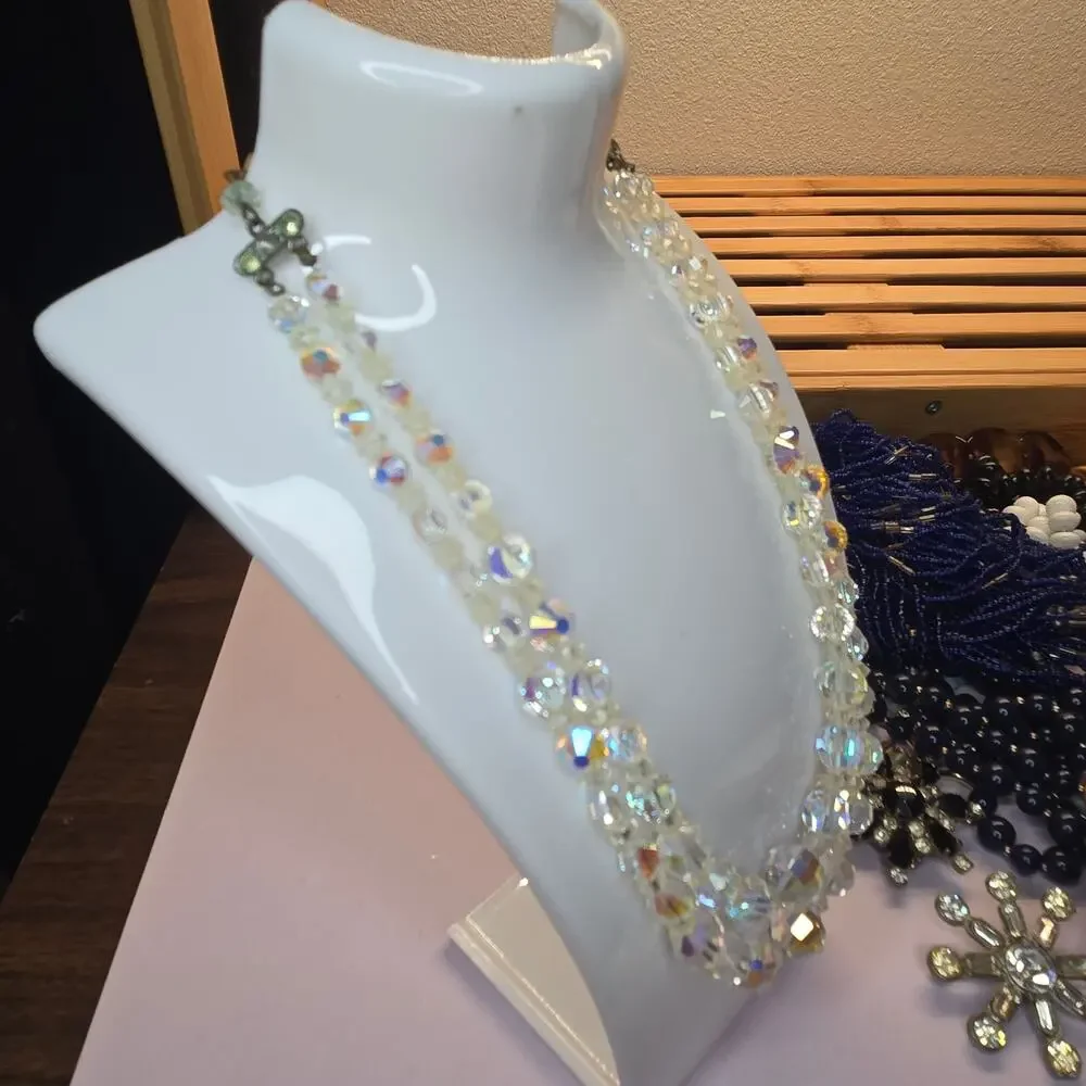 Vintage 1950s Aurora Borealis Crystal Double Strand Necklace Graduated Bead
